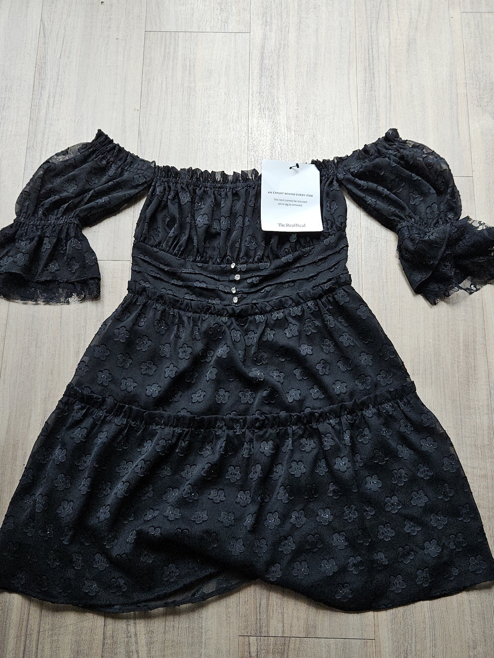 For Love & Lemons Black Off-Shoulder Floral Tiered Mini Dress